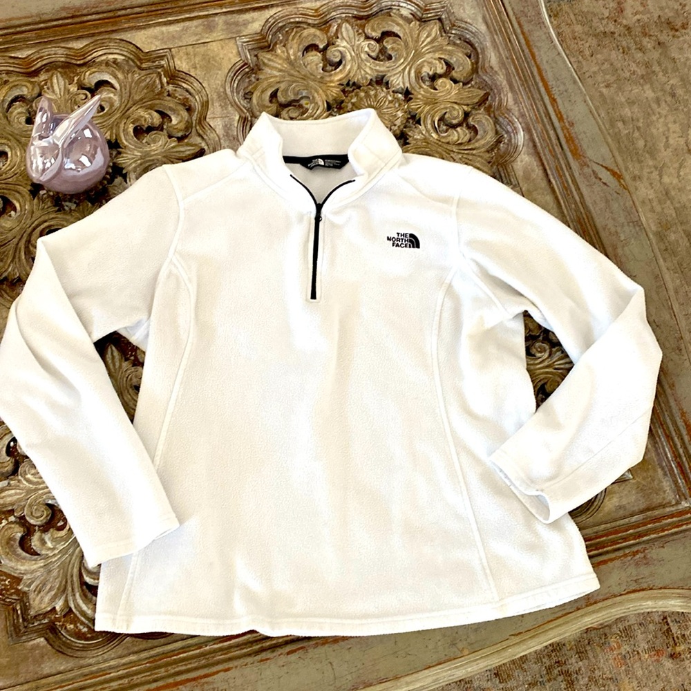 The North Face 1/4 Zip Pullover Fleece Top White w/ Black Logo Womens XL